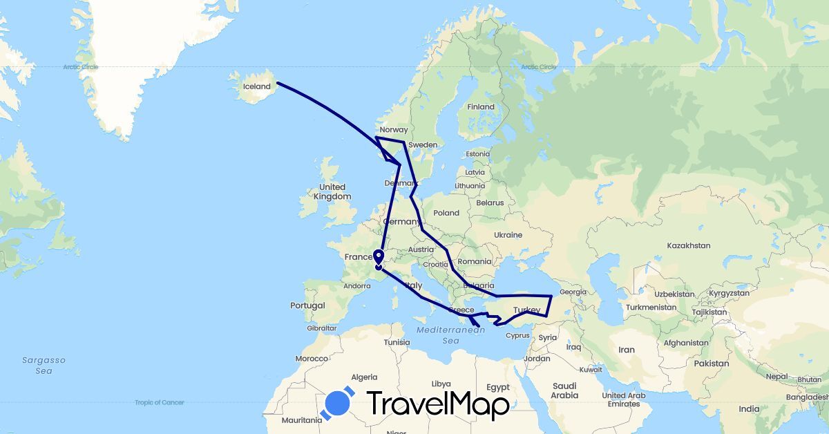 TravelMap itinerary: driving in Bulgaria, Czech Republic, Germany, Denmark, France, Greece, Hungary, Iceland, Italy, Norway, Serbia, Sweden, Turkey (Asia, Europe)